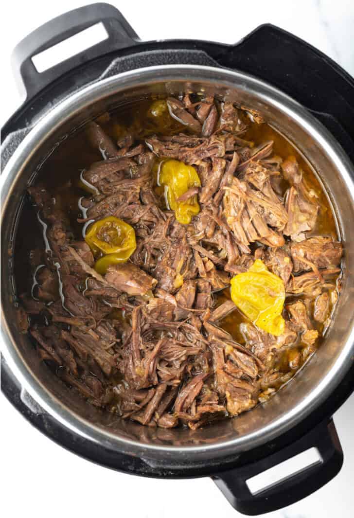 Top down shredded beef in an instant pot.