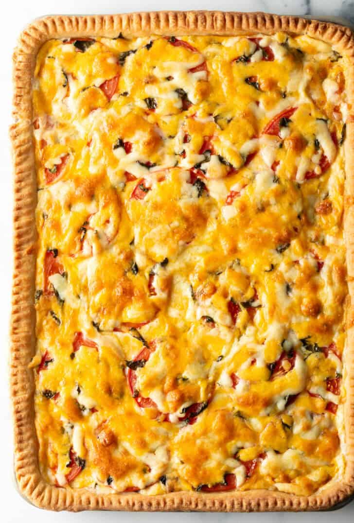 Top down view large baked rectangle tomato slab pie.