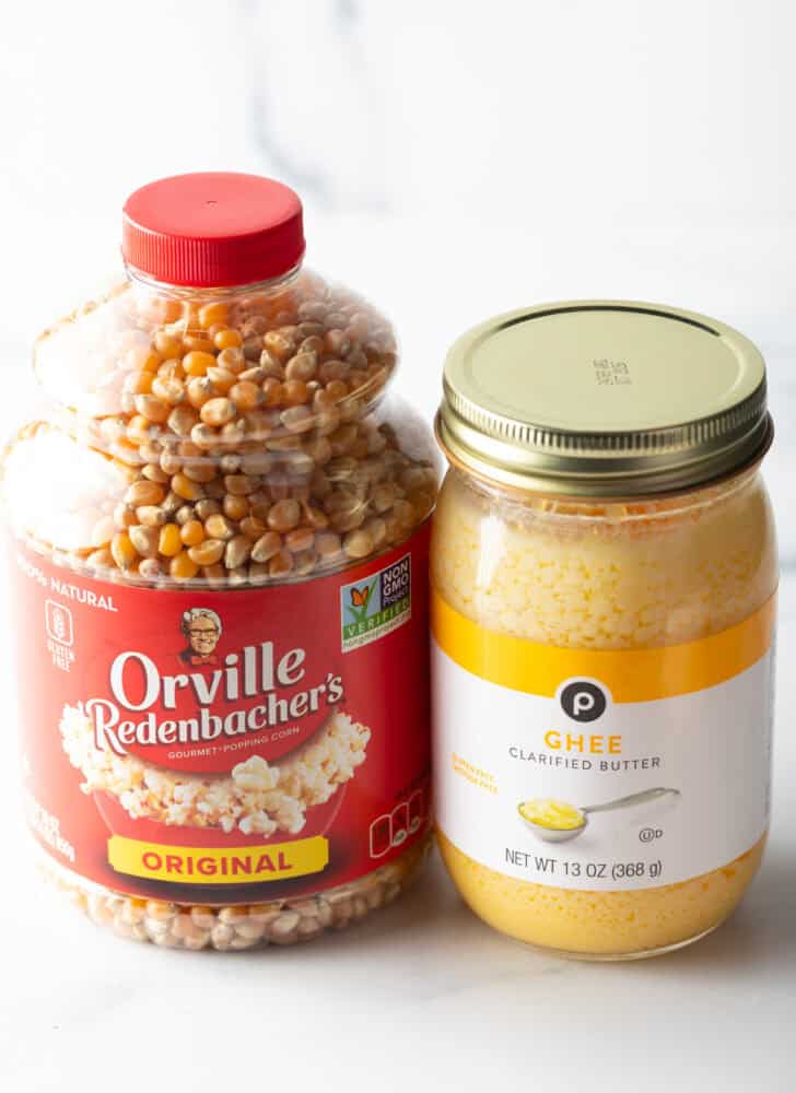Ingredients you need: A bottle of popping corn kernels and a jar of ghee clarified butter.