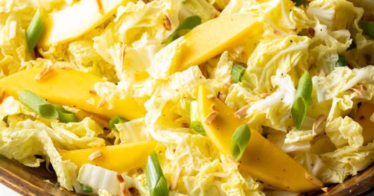 Wood bowl of Napa cabbage and mango salad with green onion and Asian vinaigrette.