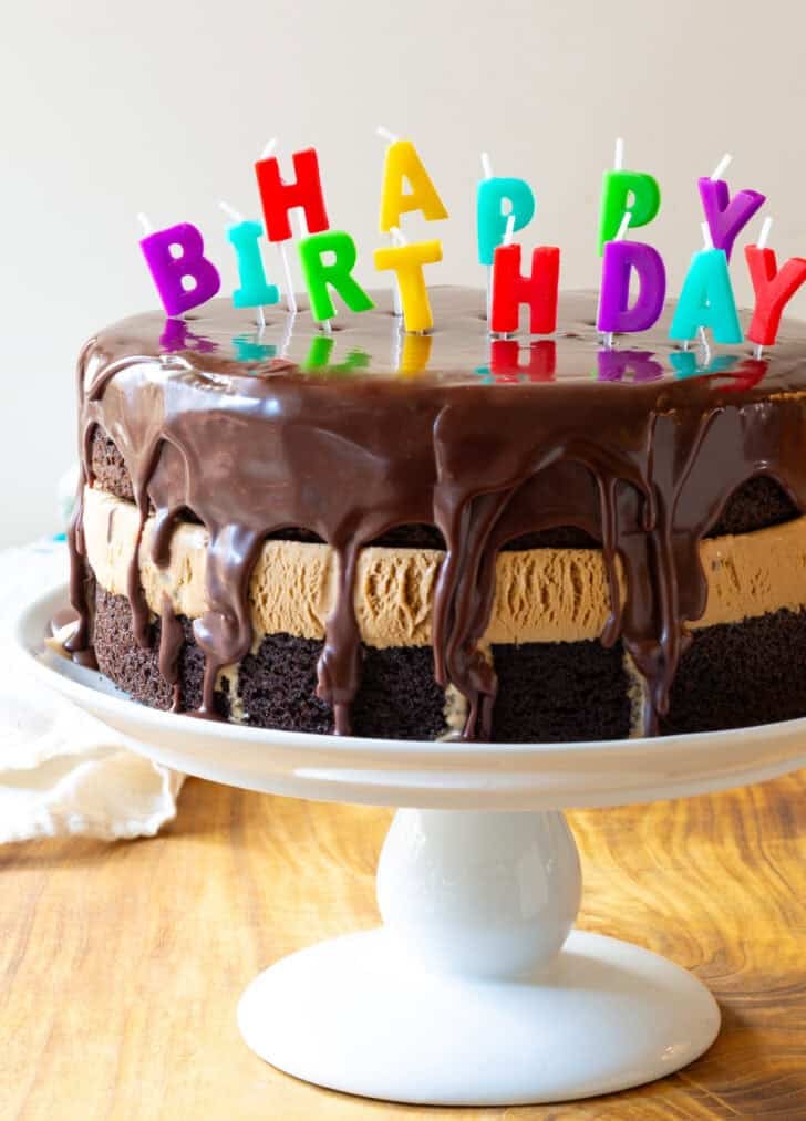 Ice Cream Cake Recipe - Chocolate and caramel ice cream layered cream cake coated with glossy icing and Happy Birthday candles on top.
