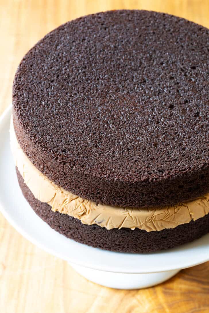 Chocolate and caramel ice cream layered cream cake.