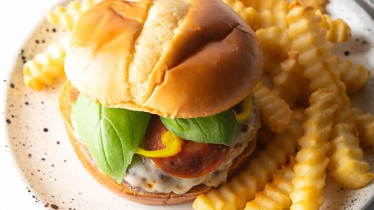 Pizza burger recipe on a white and black speckled plate, with a pile of crinkle cut french fries.