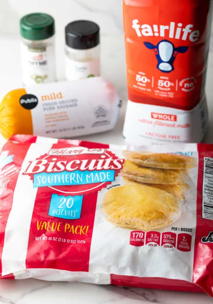 Ingredients for biscuits and gravy casserole.