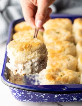 Biscuits and Gravy Casserole lifted out of pan