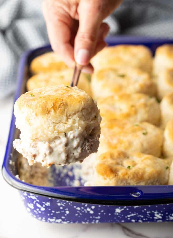 Biscuits and Gravy Casserole lifted out of pan