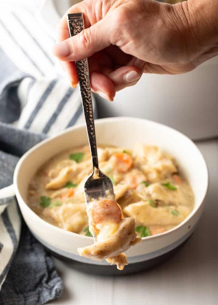 Hand holding a forkful of chicken in dumplings to camera.