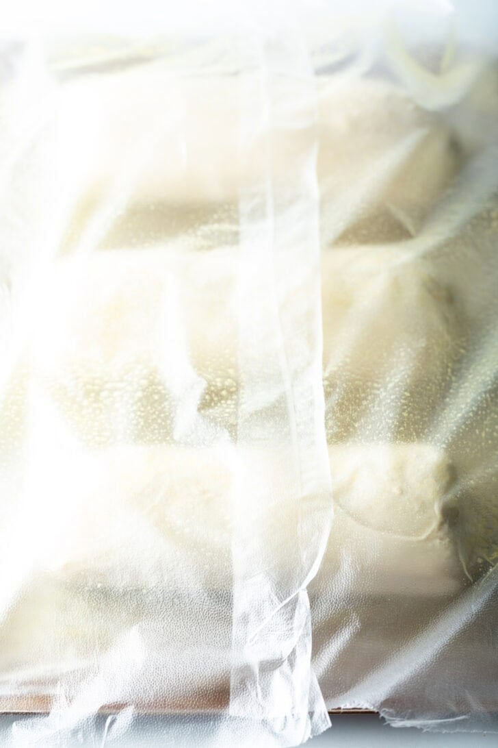 Three loaves of frozen bread dough on a baking sheet covered with plastic.