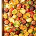 Overhead view of sheet pan kielbasa and potatoes recipe.