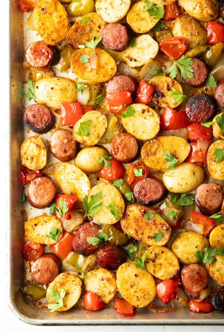 Overhead view of sheet pan kielbasa and potatoes recipe.