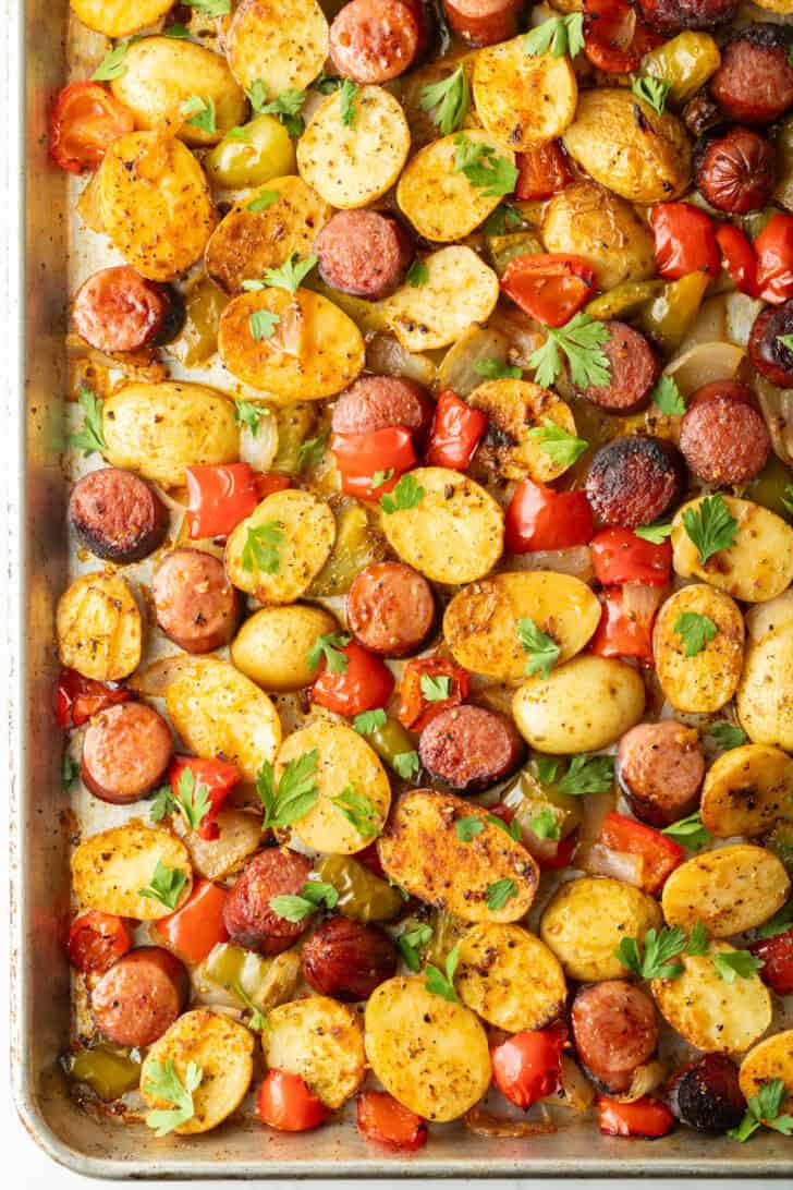 Overhead view of sheet pan kielbasa and potatoes recipe.