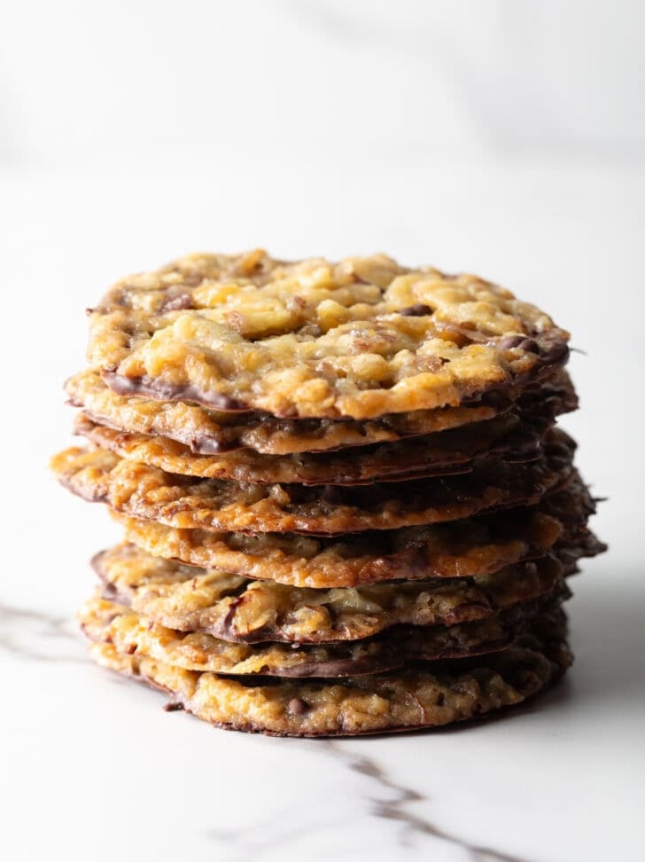 Easy thin lace cookies stacked in a single tower