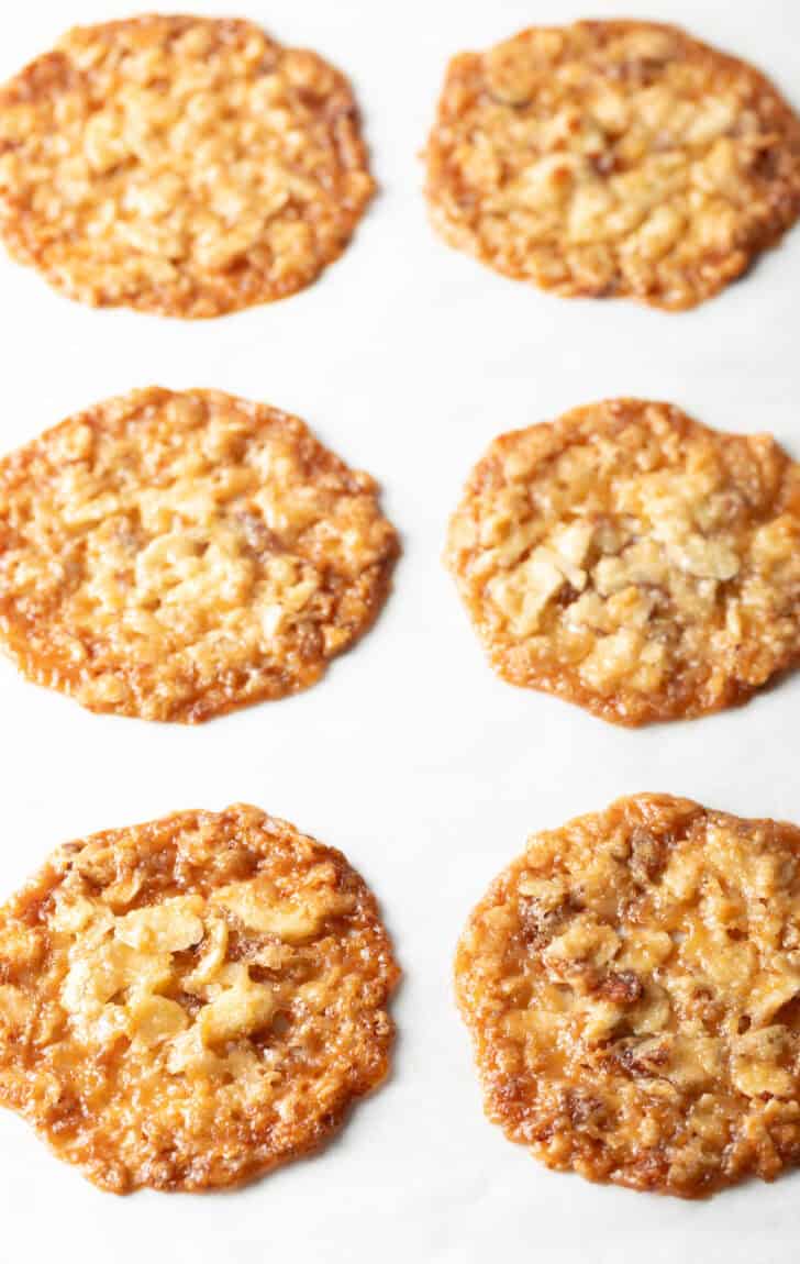 Crispy Florentine cookies freshly baked out of the oven.