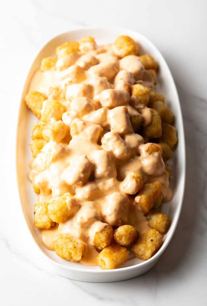 Top down view of a white oval bowl filled with crispy tater tots covered in melted cheese.