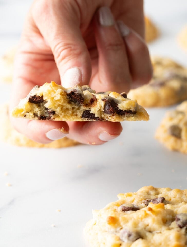 Hand holding half of a potato chip cookie.