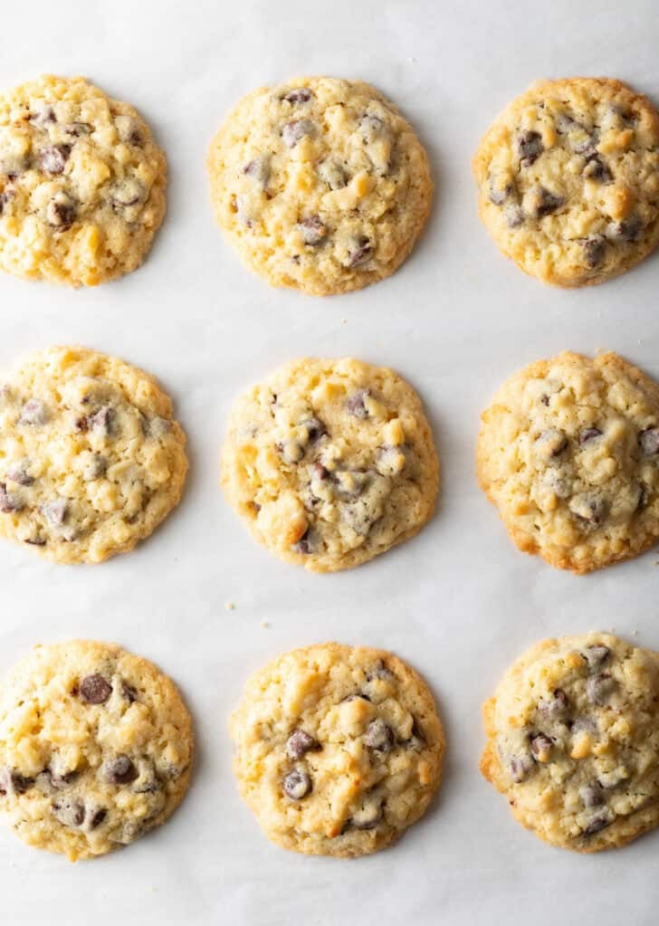 Overhead view of baked potato chip cookies in 3 rows.