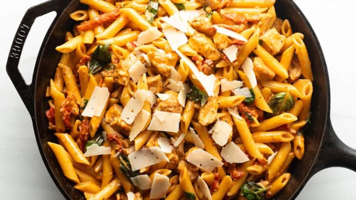 Marry Me Chicken Pasta in skillet