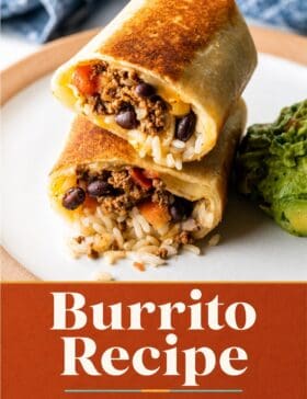 Single-image poster of a loaded beef burrito sliced in half, styled in warm golden, deep red, teal, and olive tones against a bold background.