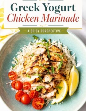 Single-image poster of Greek yogurt marinated chicken with golden-yellow, deep red, teal, and olive green color accents highlighting the Mediterranean-inspired dish.