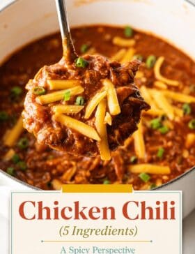 Single-image poster of 5-ingredient chicken chili in a bowl, styled in warm golden, deep red, teal, and olive tones with melty cheddar cheese on top.