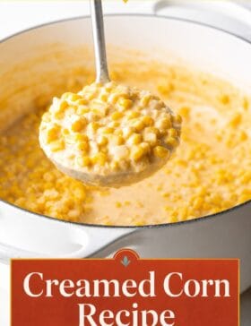 Single-image poster of homemade creamed corn in a warm golden bowl, styled with deep red, teal, and olive accents on a rustic surface.