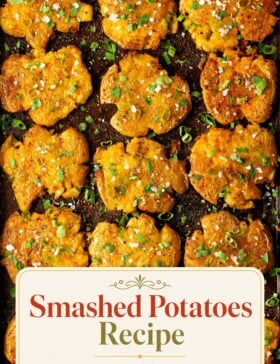 Single-image poster of golden crispy smashed potatoes on a dark background, styled with warm mustard (#D8B412), deep red (#B9412C), teal (#67B0AB), and olive (#89883C) color accents.
