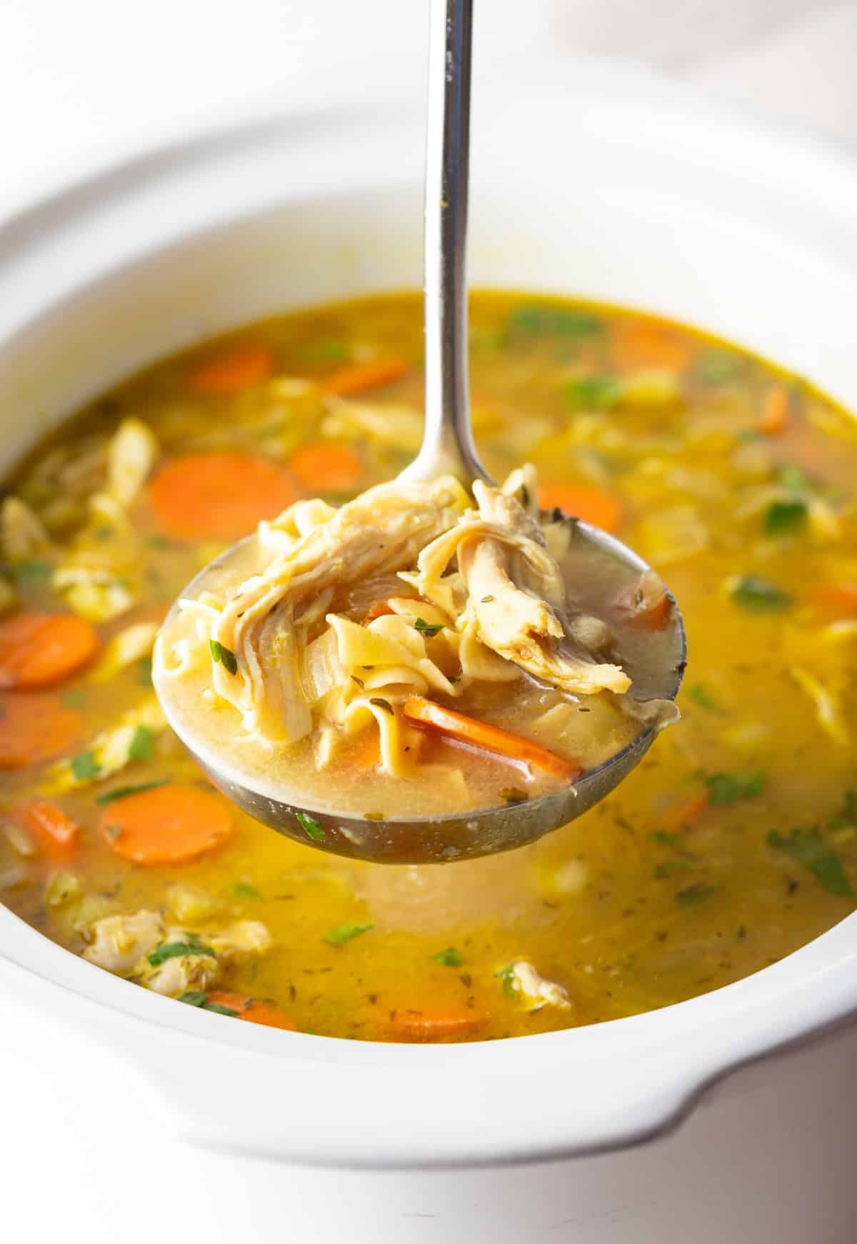 A close shot of a full ladle of crockpot chicken noodle soup.