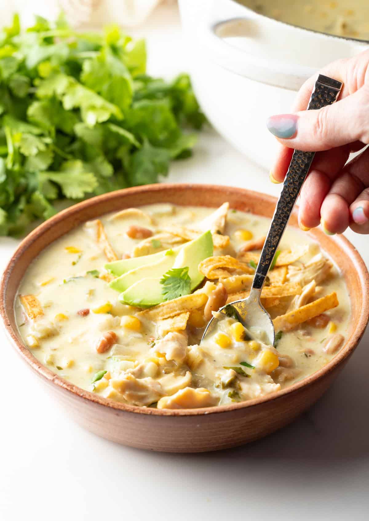 Hand using a spoon to scoop a serving of green enchilada chicken soup from a bowl.