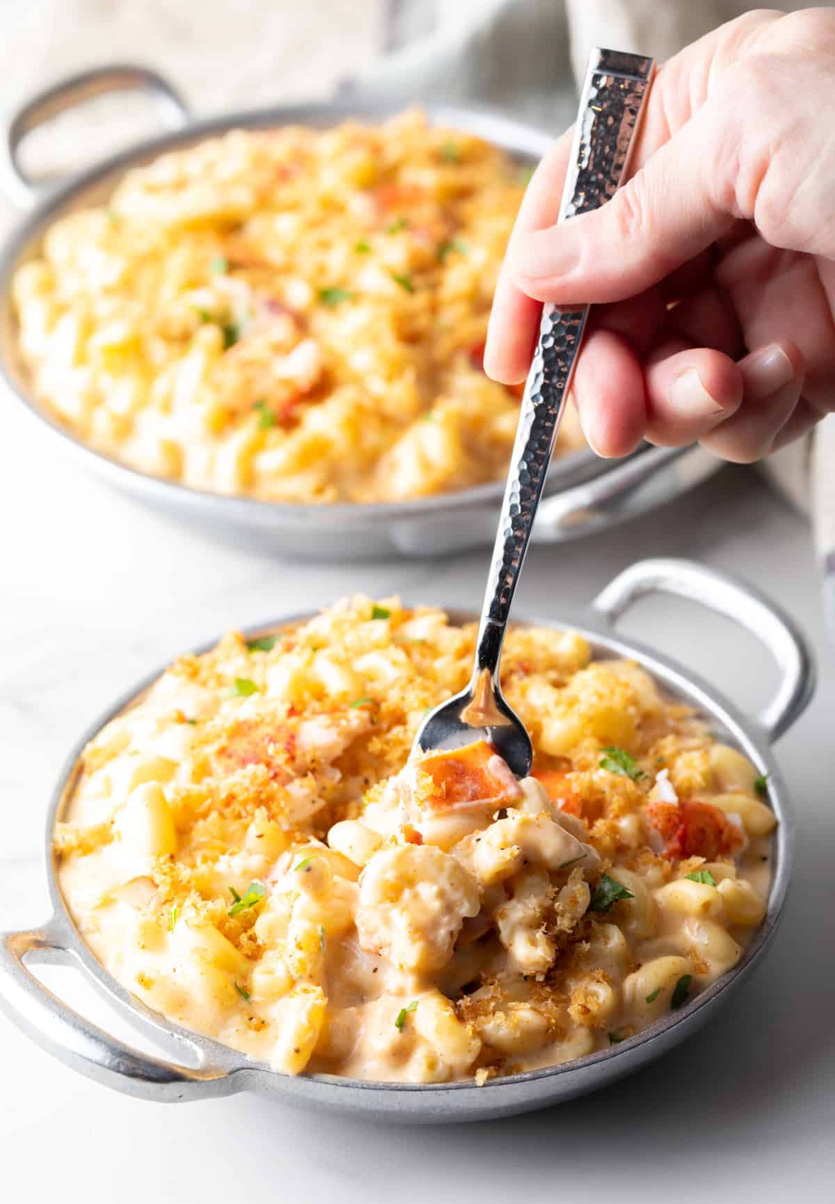 A fork preparing a bite of lobster mac and cheese with crispy breadcrumb topping.