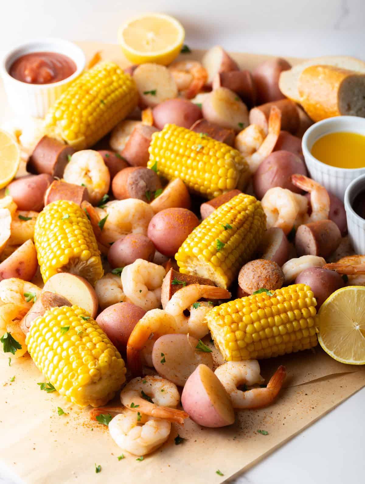 Fully cooked low country shrimp boil ingredients on brown parchment paper surrounded by lemon and sauces.