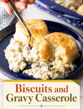 Single image poster of biscuits and gravy casserole in a warm golden, deep red, teal, and olive color palette — fluffy biscuits over creamy sausage gravy in a baking dish.