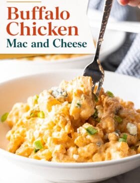 Single-image poster of Buffalo Chicken Mac and Cheese in a pot, styled in warm gold (#D8B412), bold red (#B9412C), teal (#67B0AB), and olive (#89883C) tones.