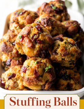 Single-image poster of golden crispy stuffing balls on a warm-toned background with mustard yellow, deep red, teal, and olive green color accents highlighting the rustic, holiday feel.