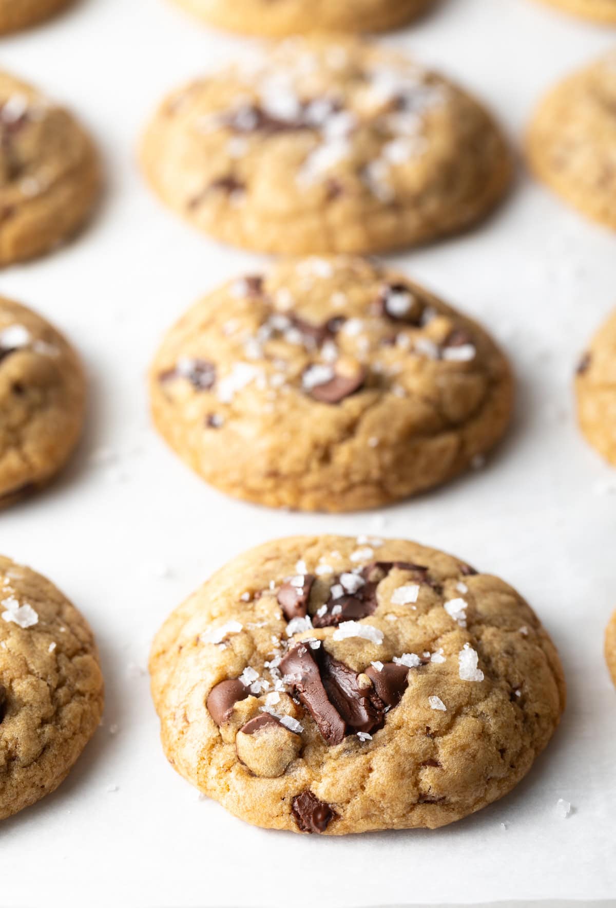 Close view of a brown sugar chocolate chip cookie topped with flakes of salt.