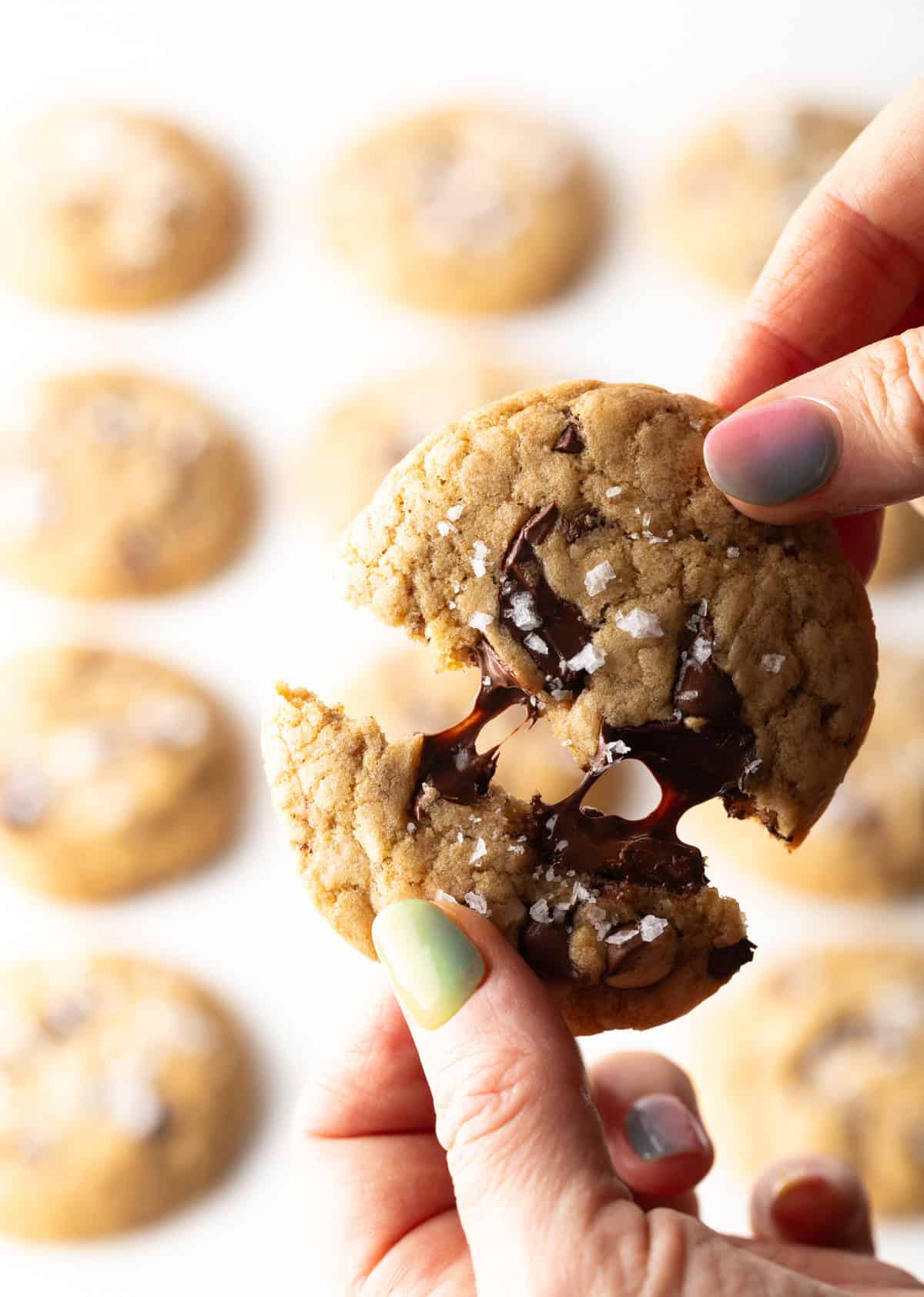 Hand showing a cookie broken in half to camera, with melty chocolate.