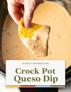 Single image poster of crock pot queso dip in a slow cooker, styled in warm golden, deep red, teal, and olive tones with bold recipe title text overlay.