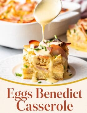 Single-image poster of a golden Eggs Benedict Casserole slice topped with creamy hollandaise sauce, styled in warm mustard, deep red, teal, and olive tones.