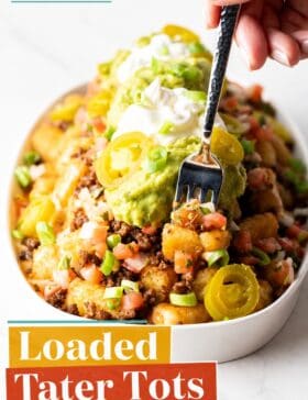 Single-image poster of loaded tater tots topped with queso, ground beef, pico de gallo, and guacamole, styled in warm gold (#D8B412), deep red (#B9412C), teal (#67B0AB), and olive (#89883C).