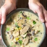 Creamy Chicken Mushroom Soup in bowl with hand holding the bowl
