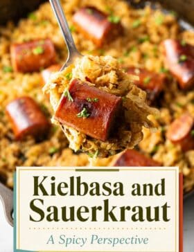 Single-image poster of skillet kielbasa and sauerkraut with golden mustard glaze, styled in warm amber, deep red, teal, and olive tones.