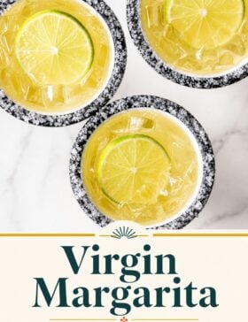 Single image poster of a virgin margarita in a salt-rimmed glass with a fresh lime slice, styled in warm gold, deep red, teal, and olive tones.