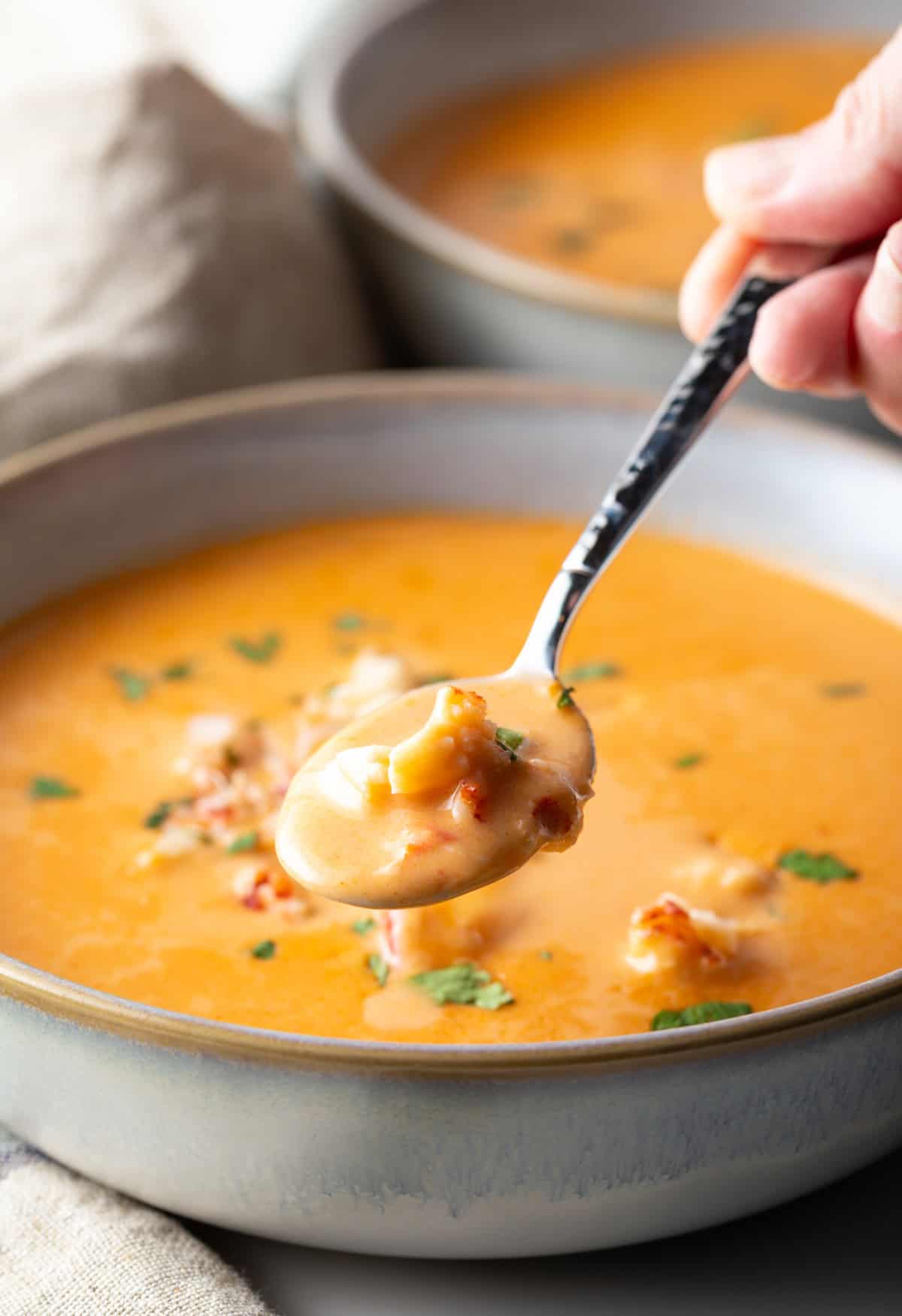 A spoon with a bite of lobster bisque soup is hovering over a bowl full of the soup.