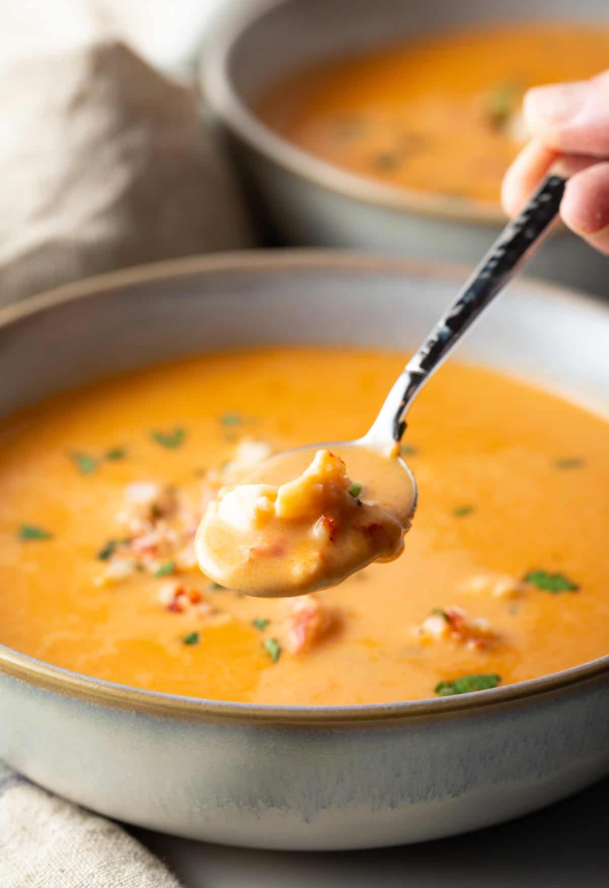 A spoon with a bite of lobster bisque recipe is hovering over a bowl full of the soup.
