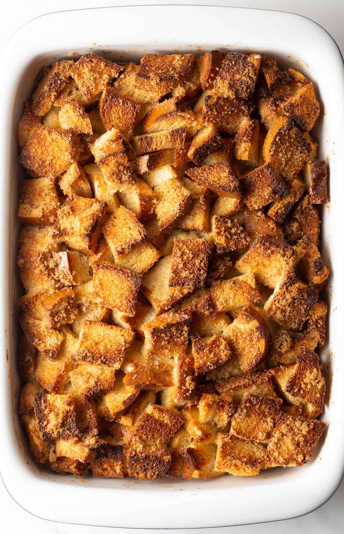 An overhead shot of freshly baked and golden overnight French toast casserole.