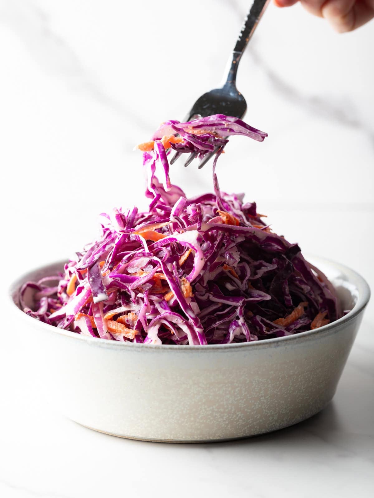 A fork is holding a bite of red cabbage slaw above a bowl of the cabbage slaw recipe.