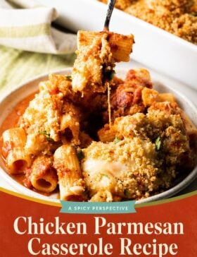 Single image poster of chicken parmesan casserole with golden breadcrumb topping, melty mozzarella, and rich tomato sauce in a baked dish — shown in two color-accented variations.