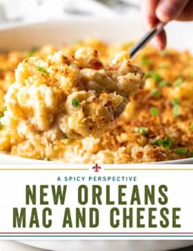 Single-image poster of New Orleans mac and cheese in a golden baking dish, styled with warm tones of amber gold, deep red, teal, and olive green.