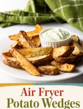 Single-image poster of golden air fryer potato wedges styled in warm mustard (#D8B412), deep red (#B9412C), muted teal (#67B0AB), and olive green (#89883C) tones.
