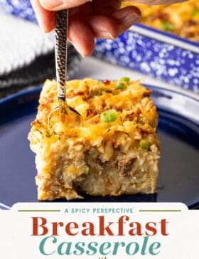 Single image poster of a golden hash brown breakfast casserole in a baking dish, styled with warm amber, deep red, teal, and olive tones highlighting the cheesy, hearty layers.