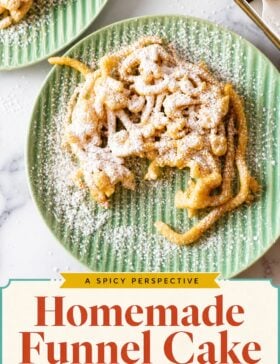Single-image poster of a golden homemade funnel cake dusted with powdered sugar, styled in warm golden (#D8B412), deep red (#B9412C), teal (#67B0AB), and olive (#89883C) tones.